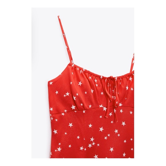 Zara Stars Spaghetti Straps Satin Red Mini Dress New Size M - Picture 6 of 11